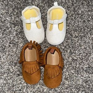 Brown Fringe Baby Moccasins & White Floral Baby Shoes